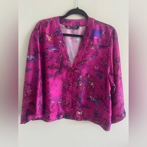 Zara Hot Pink Floral Satin Button-Front Blouse Sz M